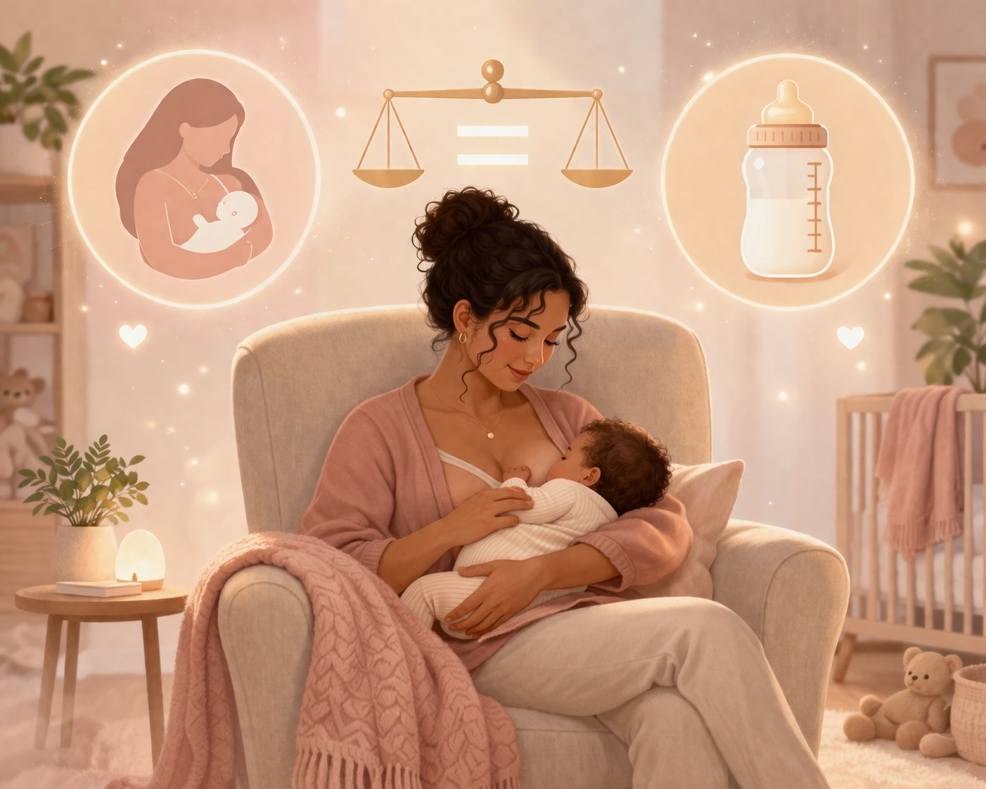 A mother feeding her baby, representing both breastfeeding and bottle feeding