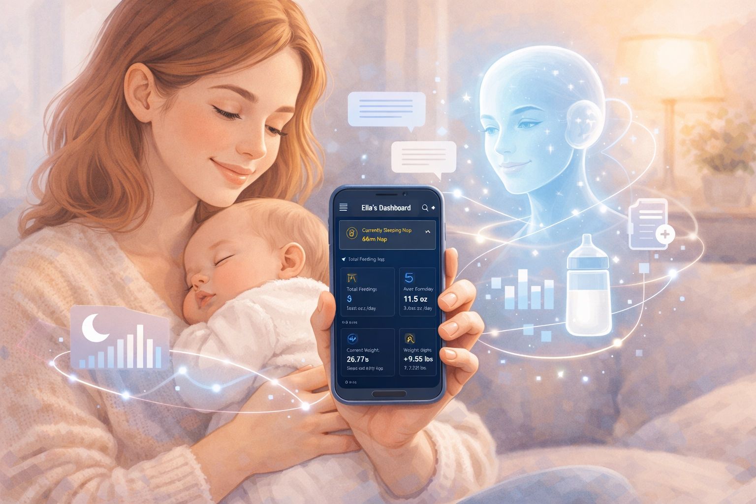 Mother holding baby while using Babylitics app connected to Claude AI