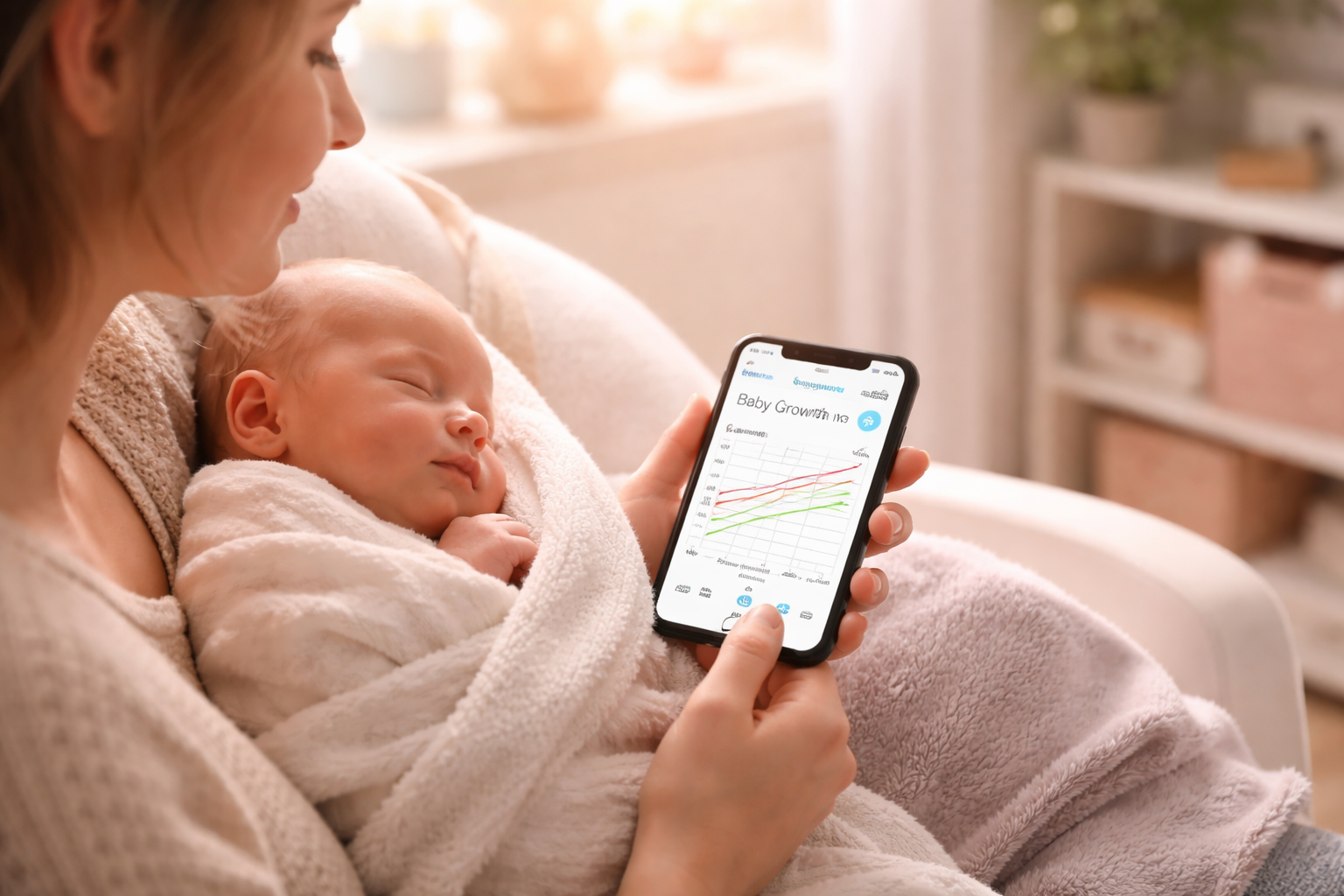 A parent holding a newborn baby while using a smartphone app