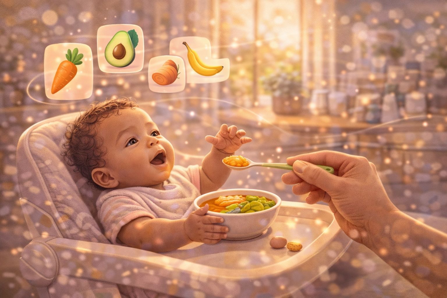 A baby in a high chair trying solid food for the first time