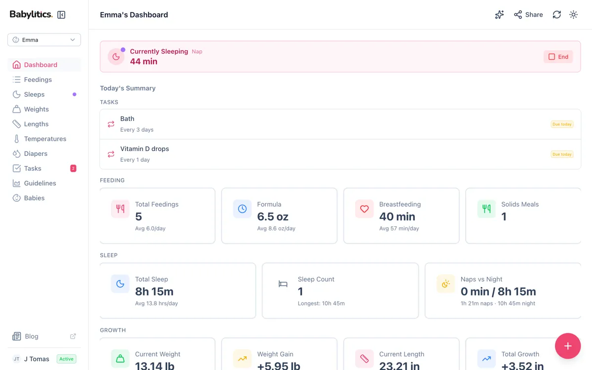 Babylitics dashboard showing daily baby stats, feeding totals, and sleep summary