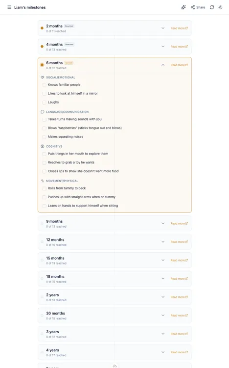Babylitics milestone tracker showing developmental milestones organized by age
