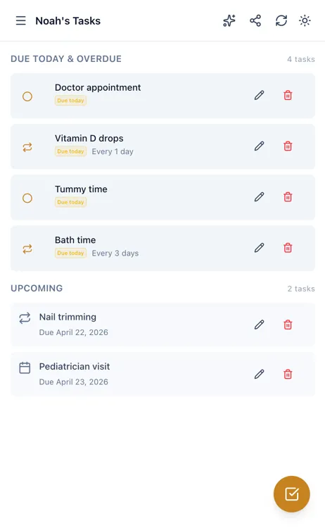 Babylitics task tracker showing pending and upcoming baby care tasks