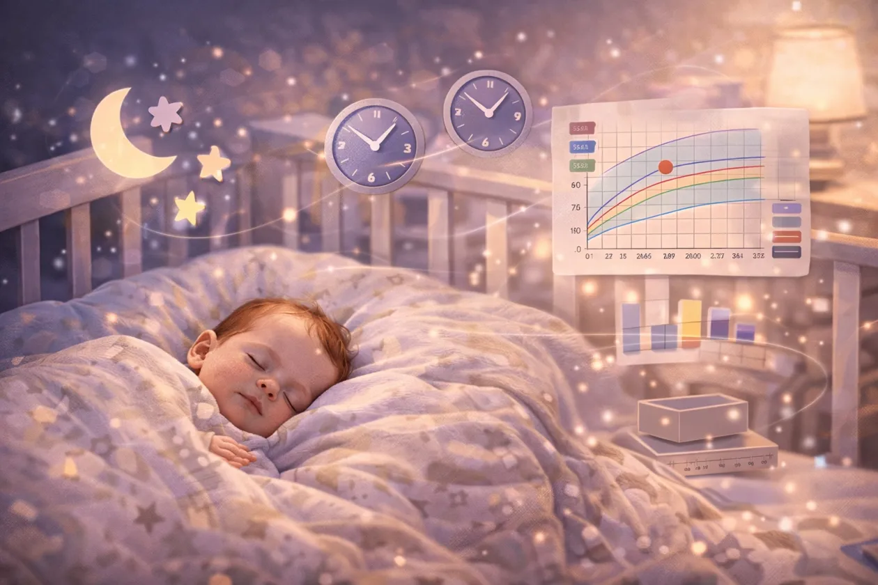 A peacefully sleeping baby in a crib with soft lighting