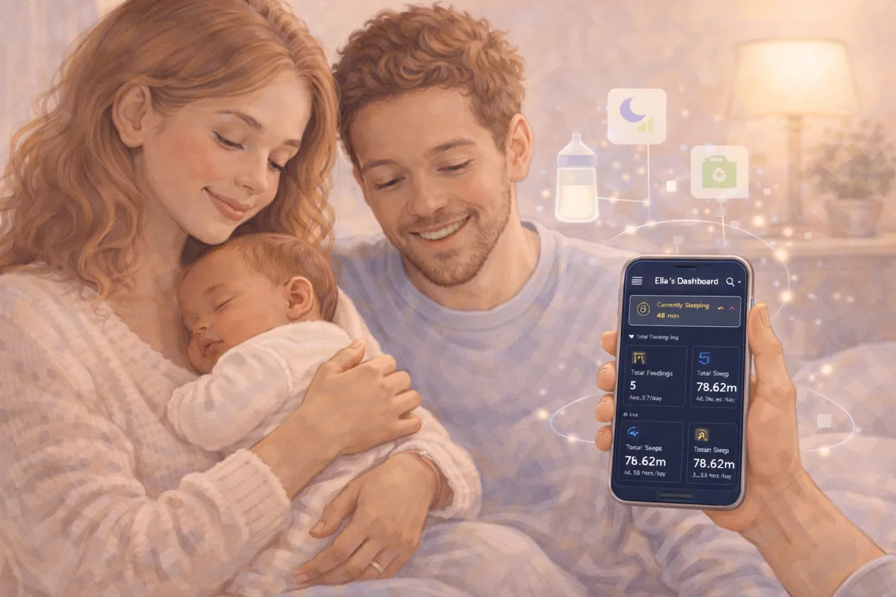 A parent holding a newborn baby while using a smartphone app