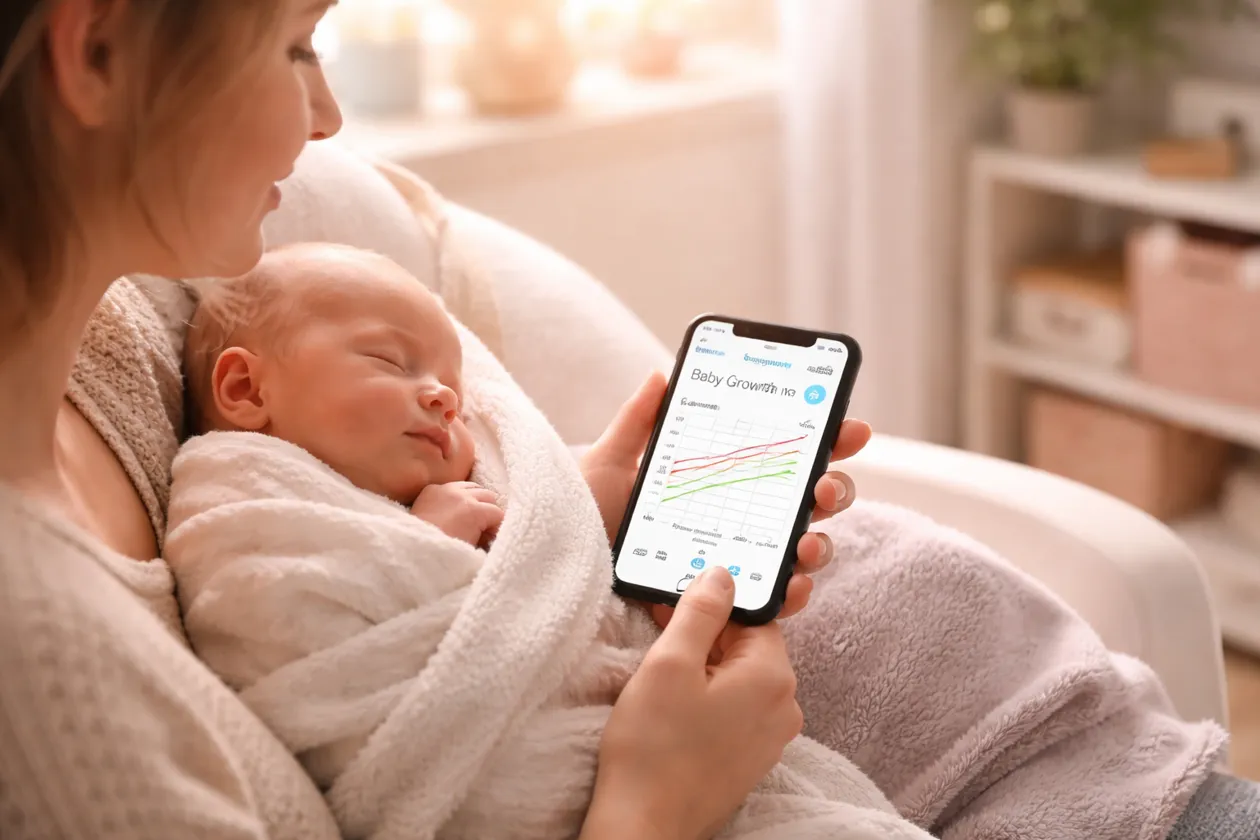 A parent holding a newborn baby while using a smartphone app