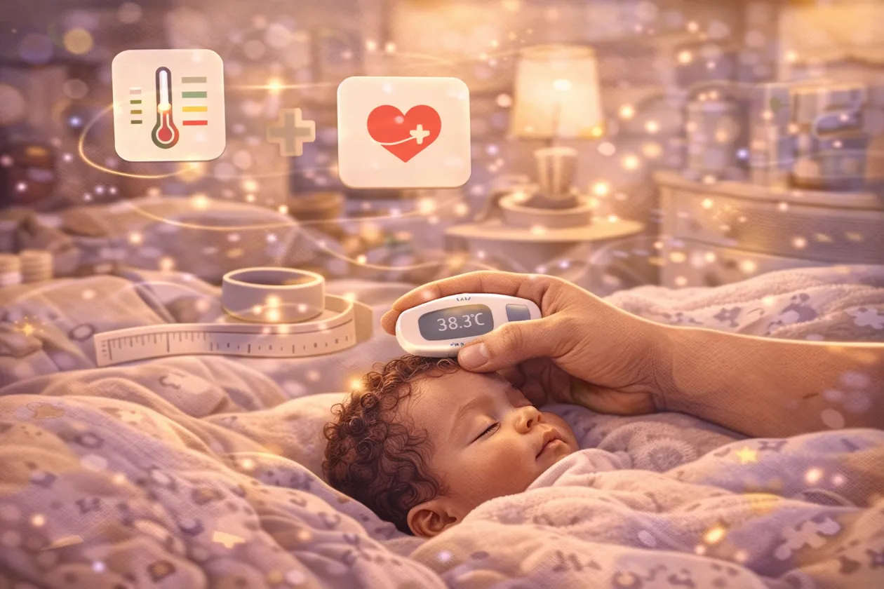 A parent taking a baby's temperature with a digital thermometer