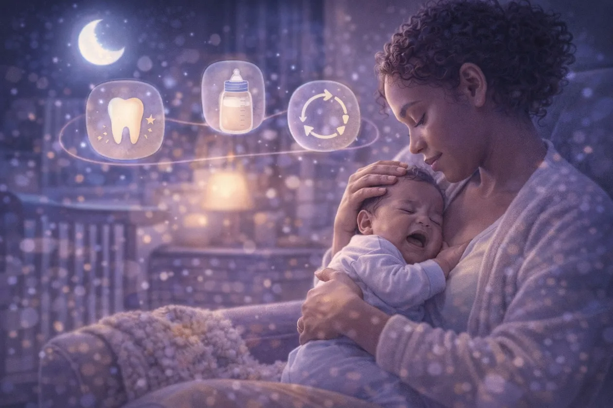 A tired parent comforting a baby who woke up at night