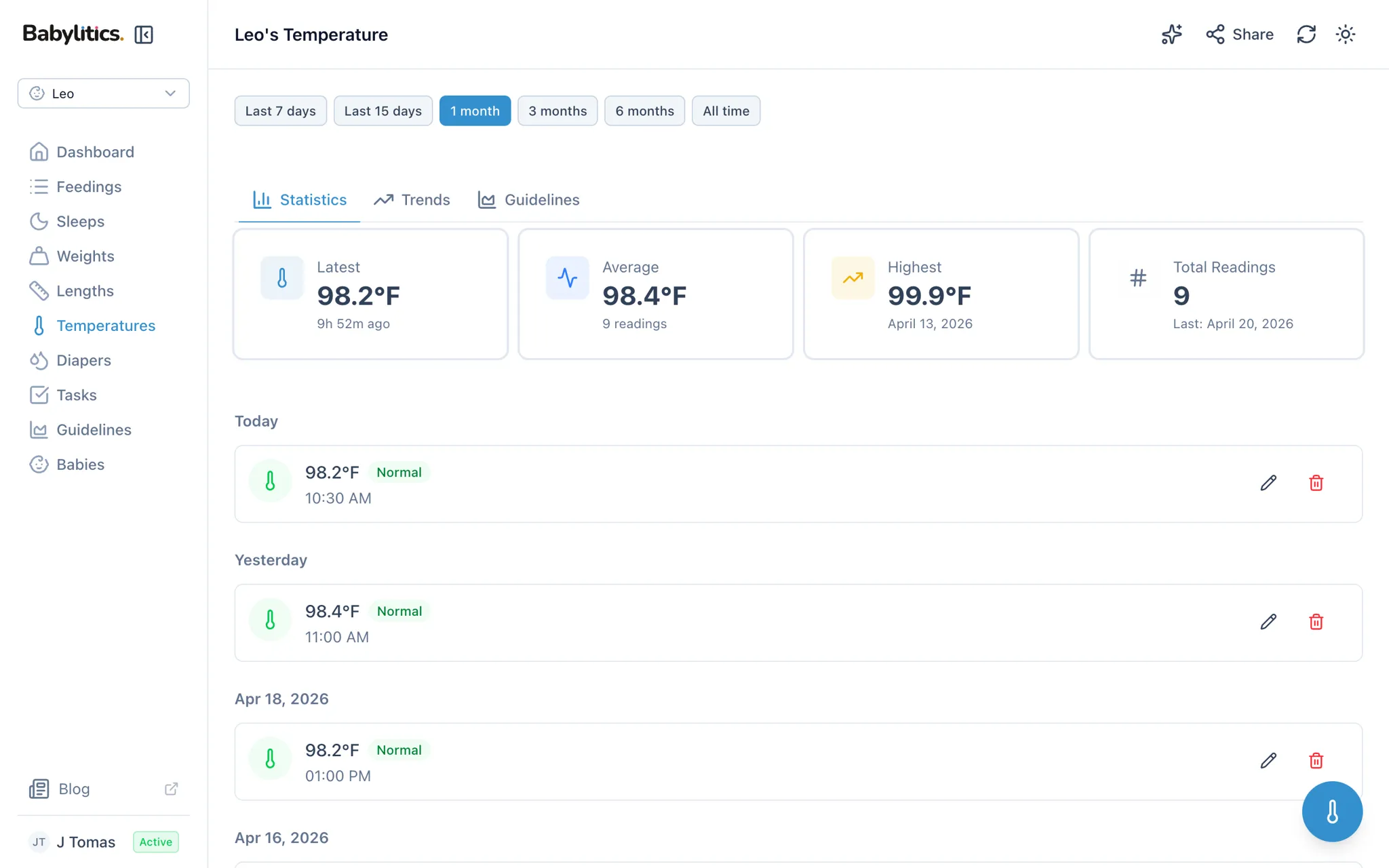 Babylitics temperature tracking screen showing readings with fever status indicators