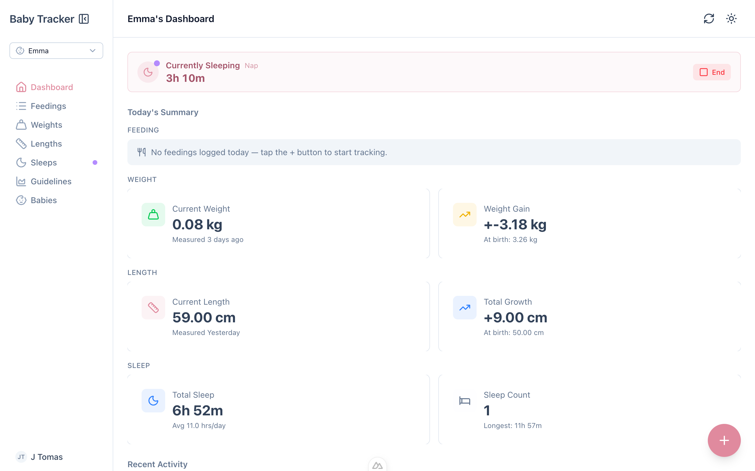 Babylitics dashboard showing daily baby stats, feeding totals, and sleep summary