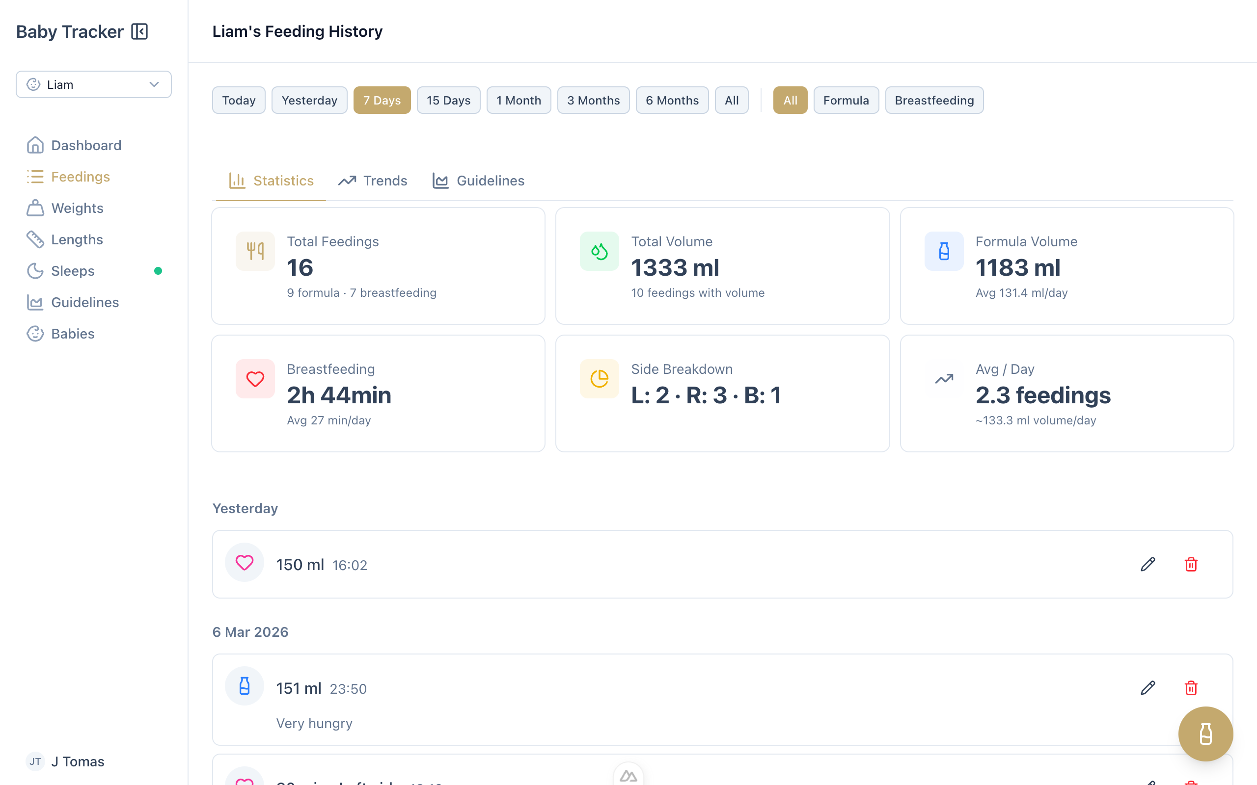 Babylitics feeding tracking screen showing feeding history and statistics