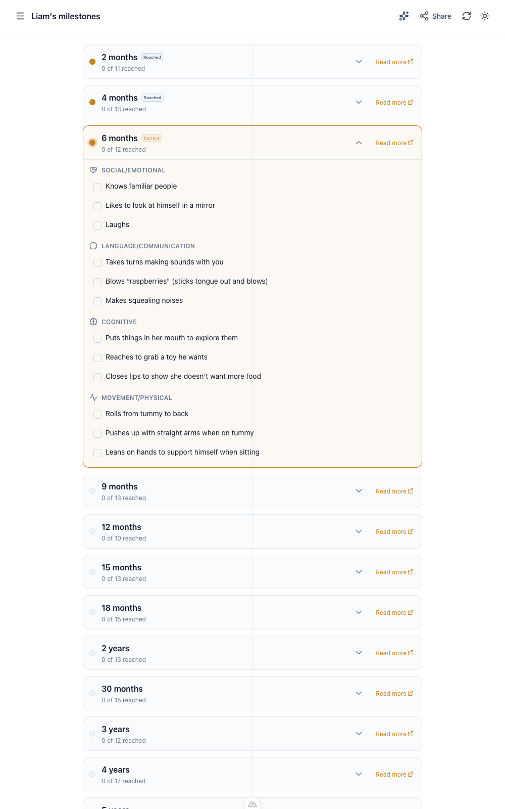 Babylitics milestone tracker showing developmental milestones organized by age