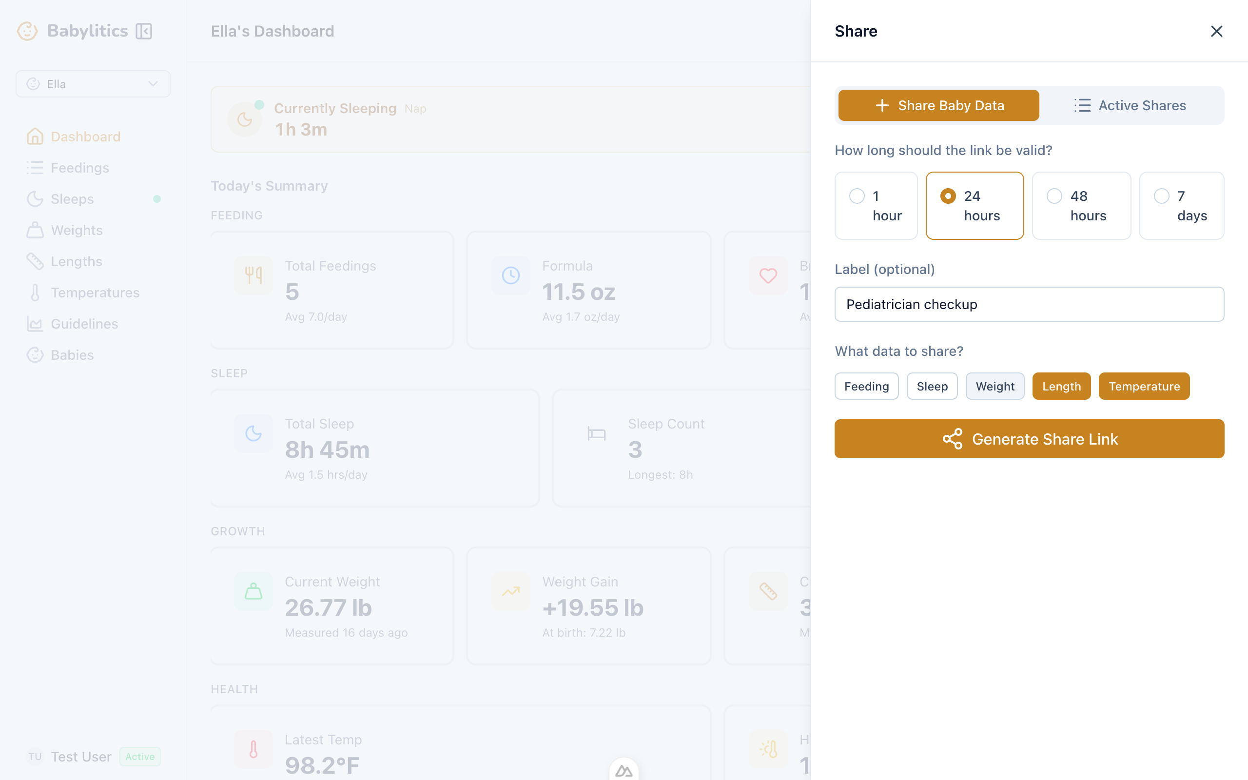 Babylitics secure sharing screen showing category selection and QR code generation