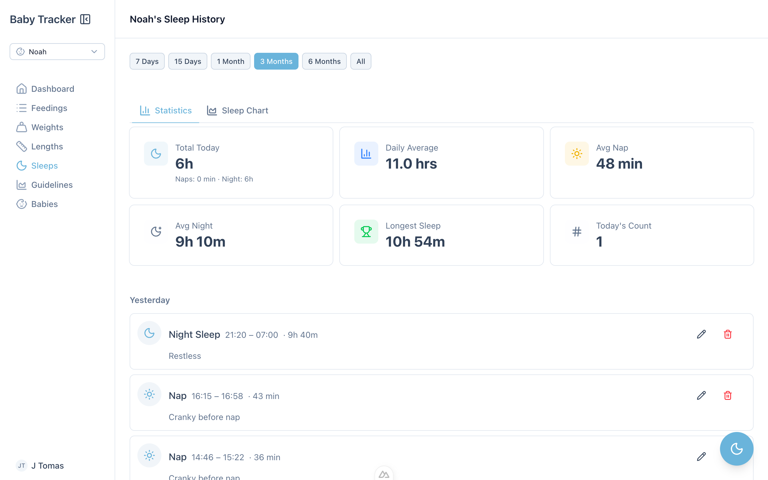 Babylitics sleep tracking screen showing sleep sessions and daily totals