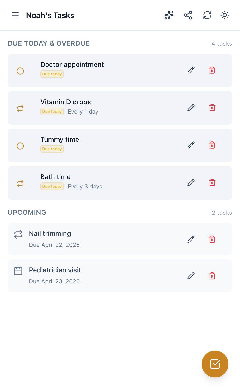 Babylitics task tracker showing pending and upcoming baby care tasks