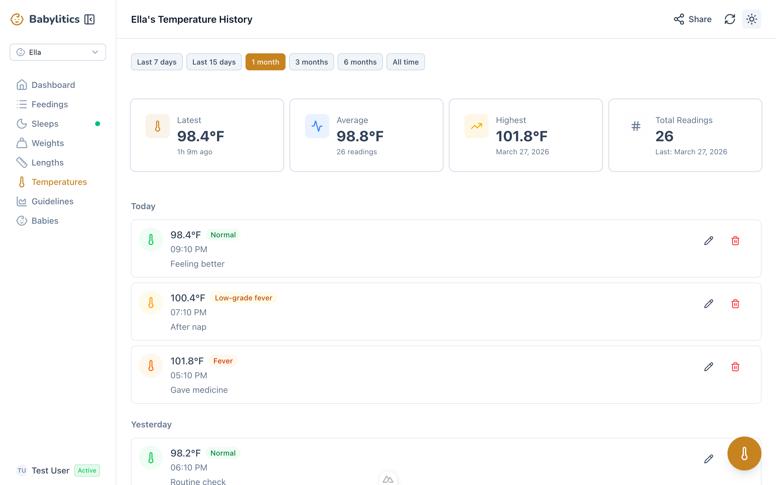 Babylitics temperature tracking screen showing readings with fever status indicators